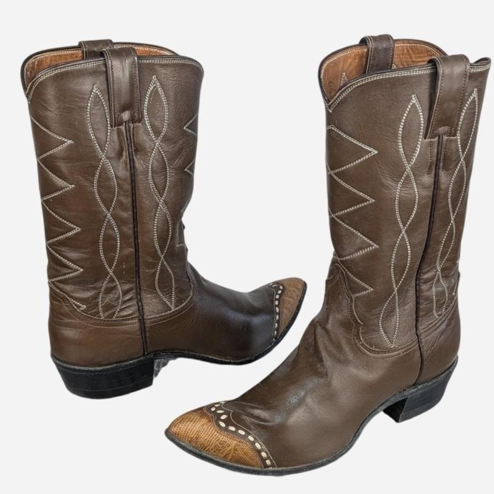 Vintage Justin Boots L4050 Brown Leather Lizard Toe Western Boots Size 8 - Picture 3 of 9